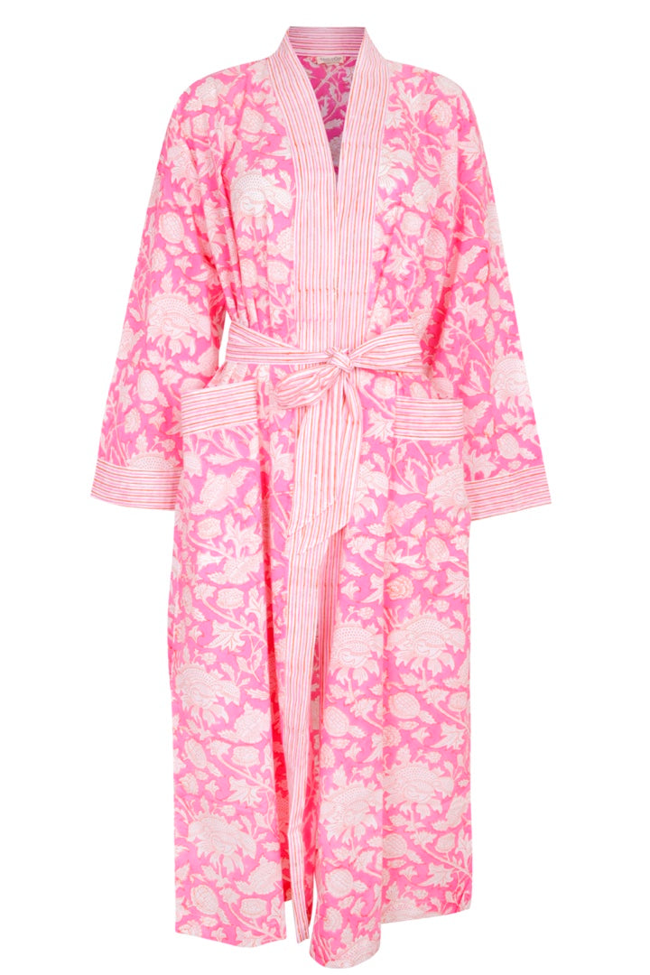 Hand Printed Cotton Kimono Robe - De Nimes Blue