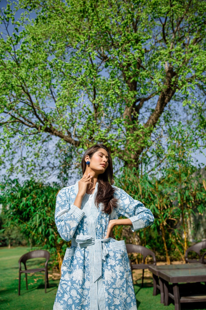 Hand Printed Cotton Kimono Robe - De Nimes Blue