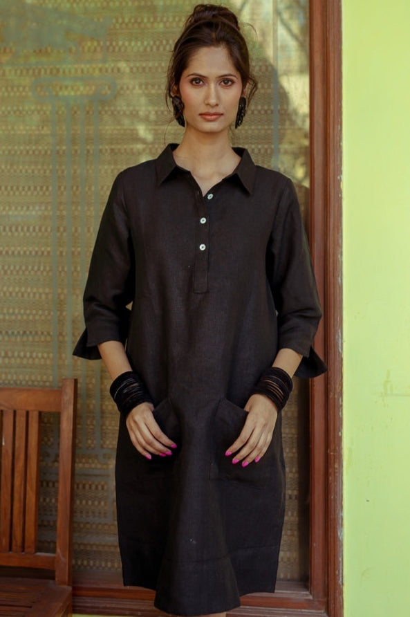 Up Town Linen Shirt Dress - Black