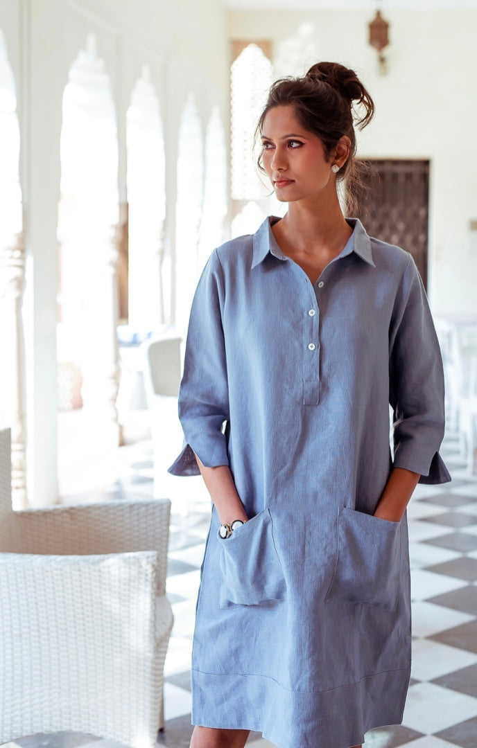 Up Town Linen Shirt Dress Smokey Blue