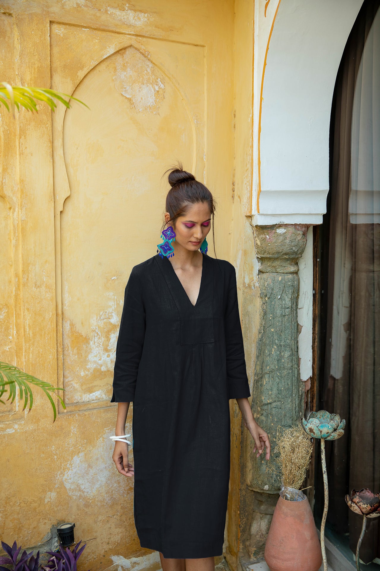 Picot MIDI Dress-Linen - Indigo