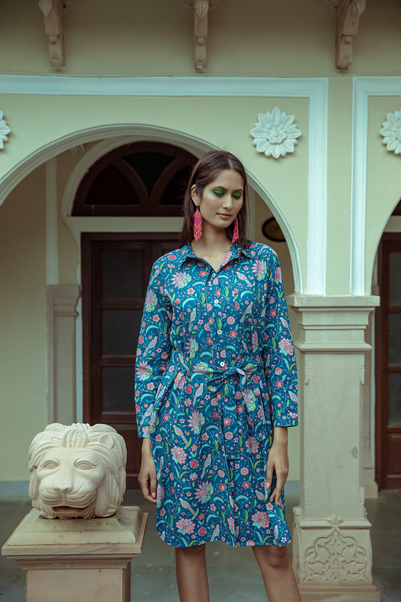 Birdsong Cotton Shirt Tail Midi Dress - Blue