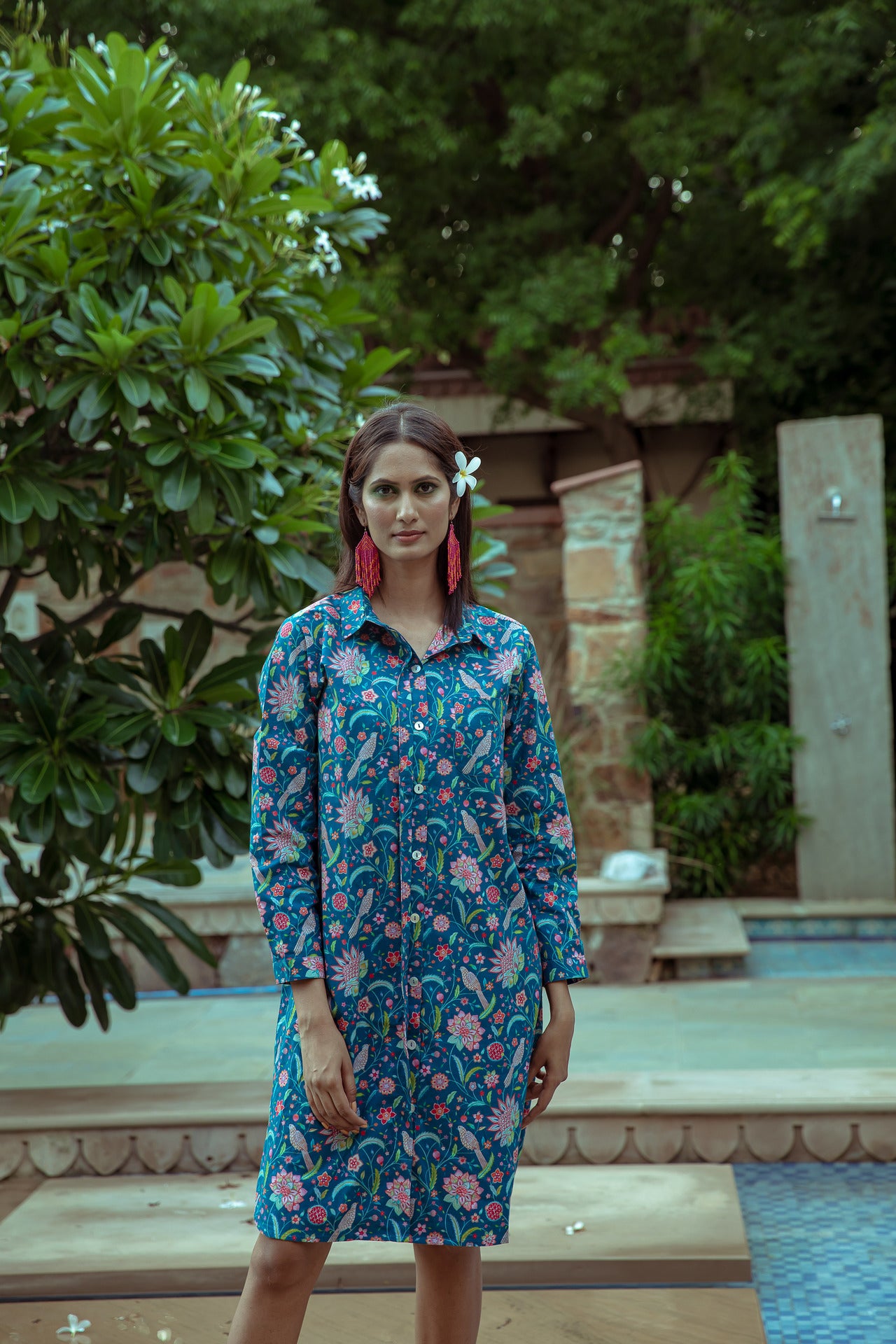 Birdsong Cotton Shirt Tail Midi Dress - Blue