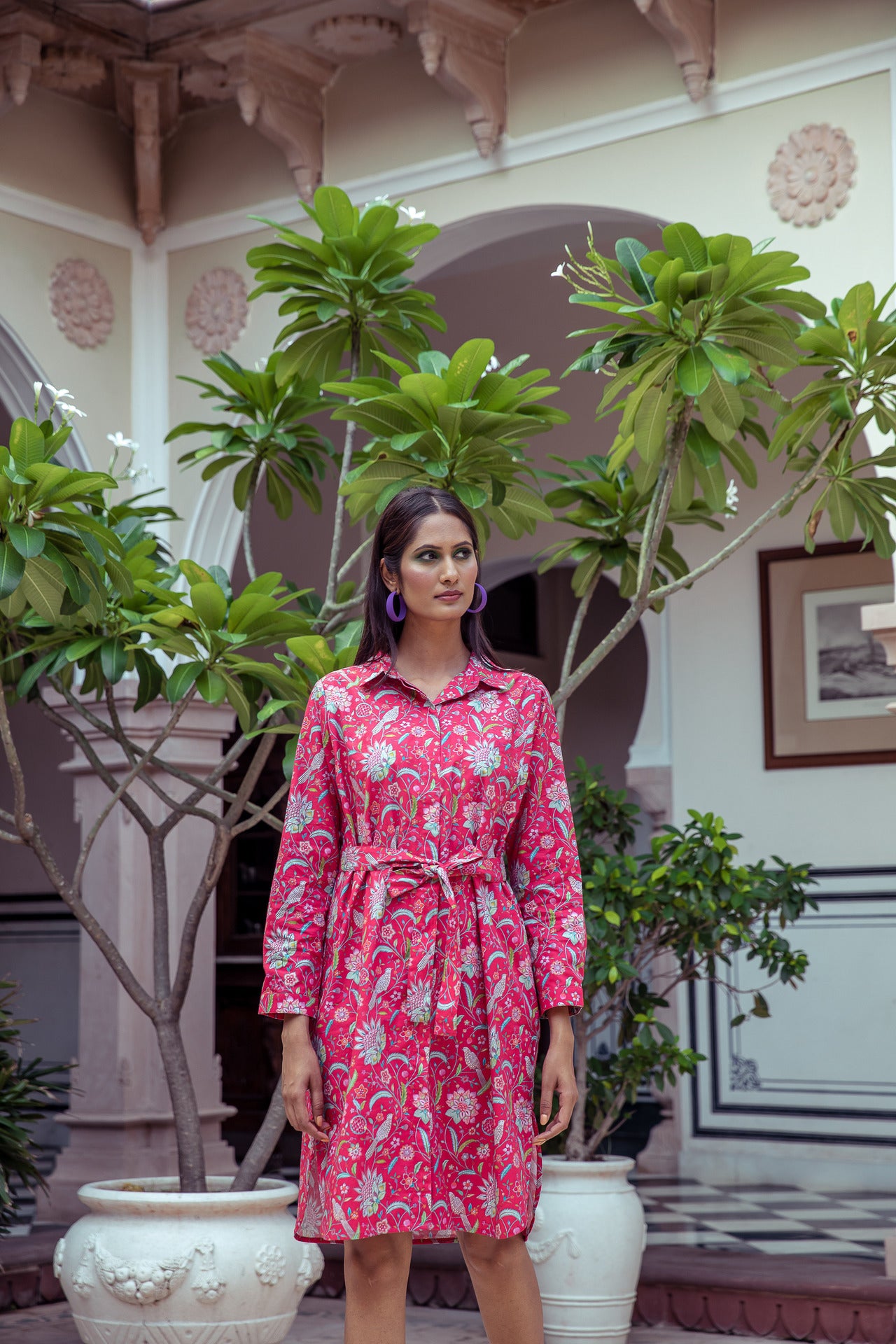 Birdsong Print Shirt Tail Midi Dress Cotton Red