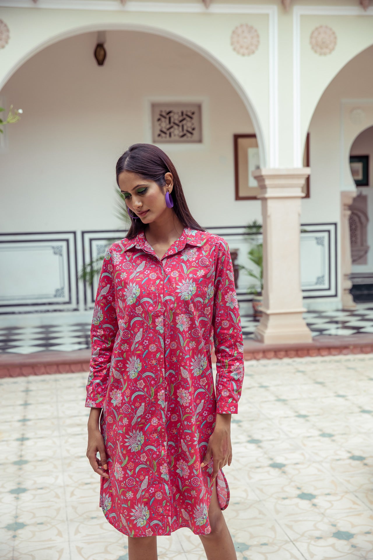 Birdsong Print Shirt Tail Midi Dress Cotton Red