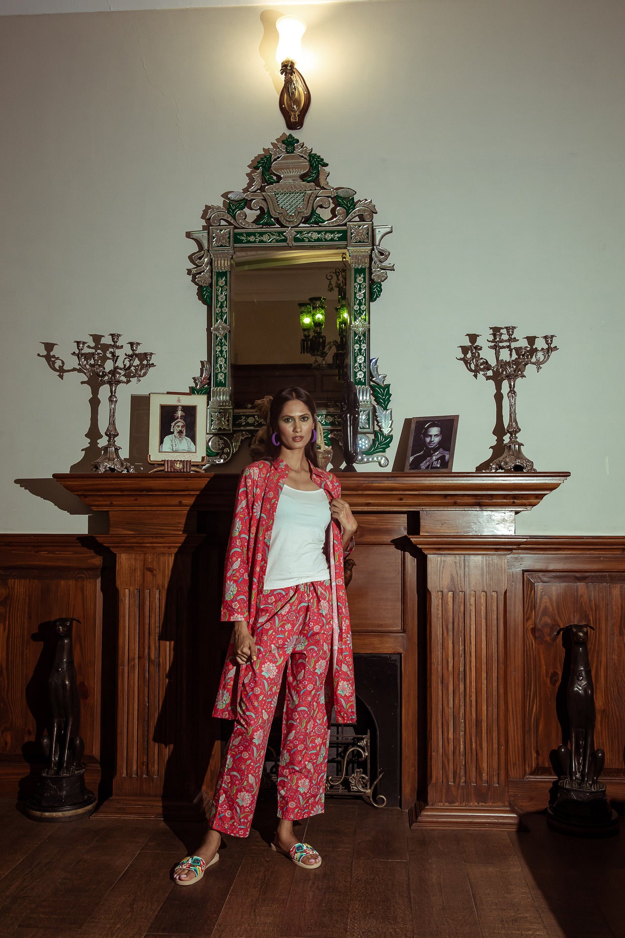 Birdsong Print Shirt Tail Midi Dress Cotton Red