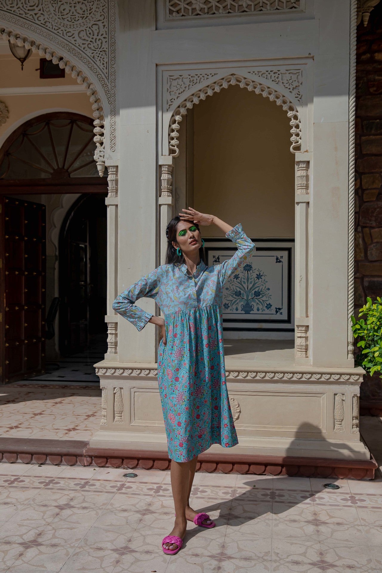 Birdsong Ruffle Collar Cotton Dress - Blue
