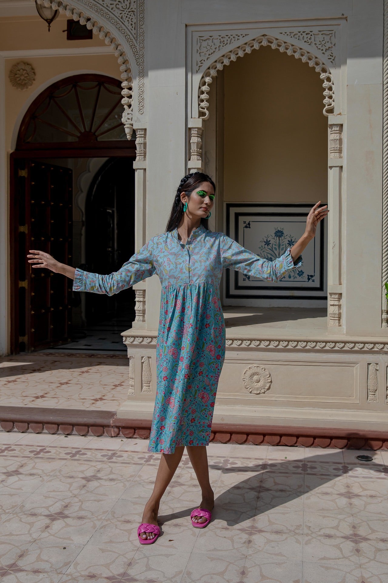 Birdsong Ruffle Collar Cotton Dress - Blue
