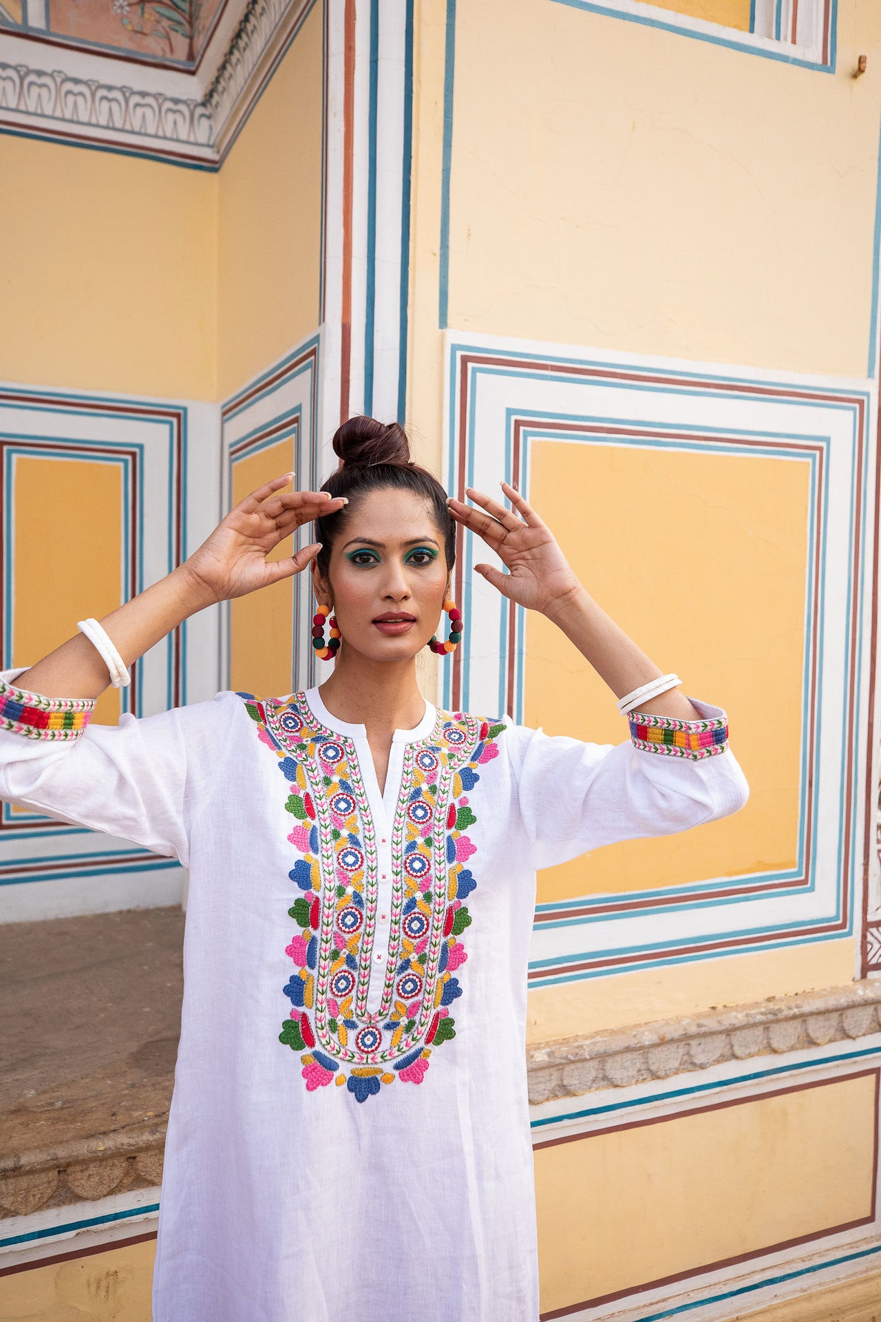 Tribal Embroidered Linen - Maxi Dress - White