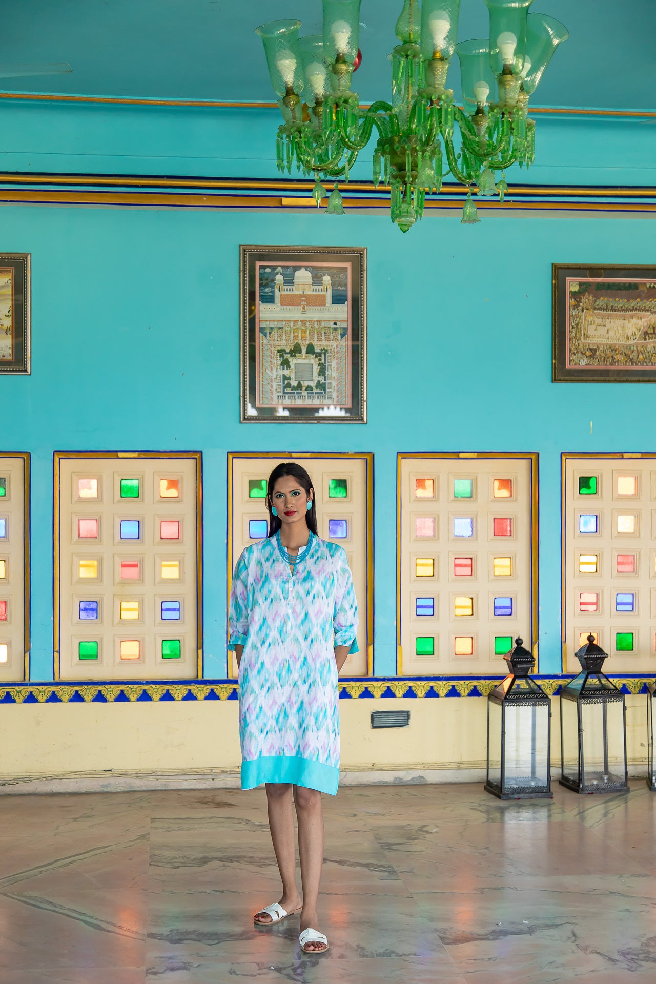 Mosaic Pastel Ikat Linen Tunic Dress