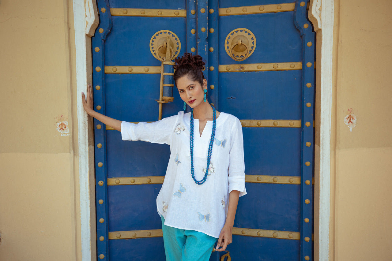 Butterfly Embroidered Linen Tunic Top - White