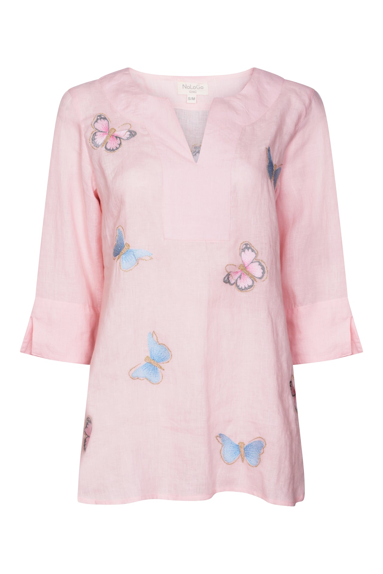 Butterfly Embroidered Linen Tunic Top - Pink