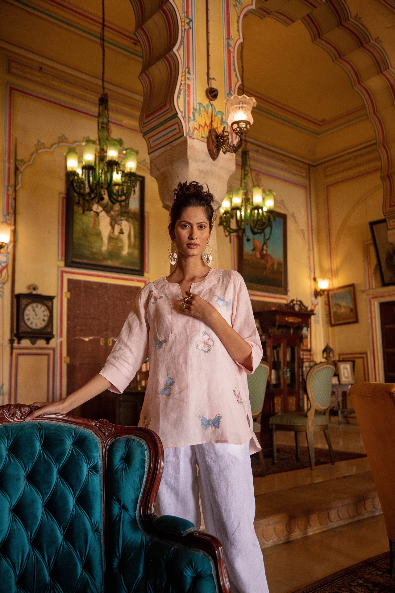 Butterfly Embroidered Linen Tunic Top - Pink