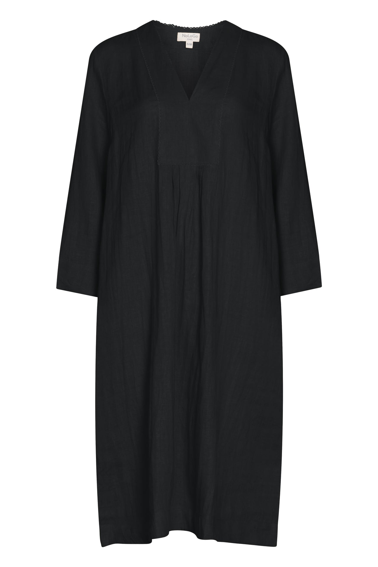 Plain Dyed Linen Yoke Picot Midi Dress Black