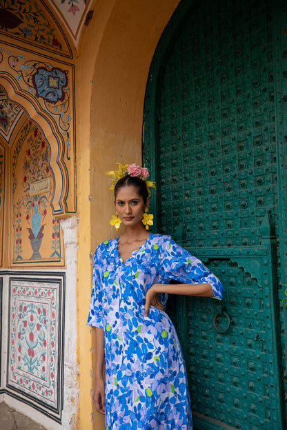 Green Plum Scallop V Neck Midi Dress Linen Blue