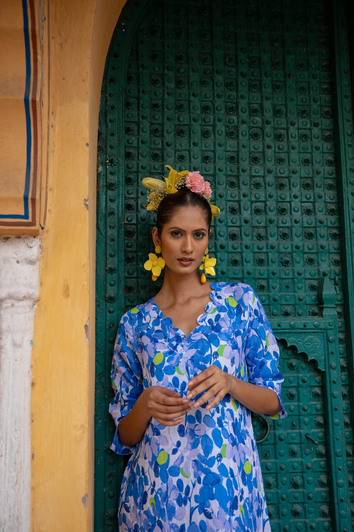 Green Plum Scallop V Neck Midi Dress Linen Blue