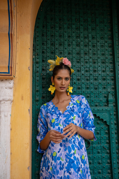 Green Plum Scallop V Neck Midi Dress Linen Blue