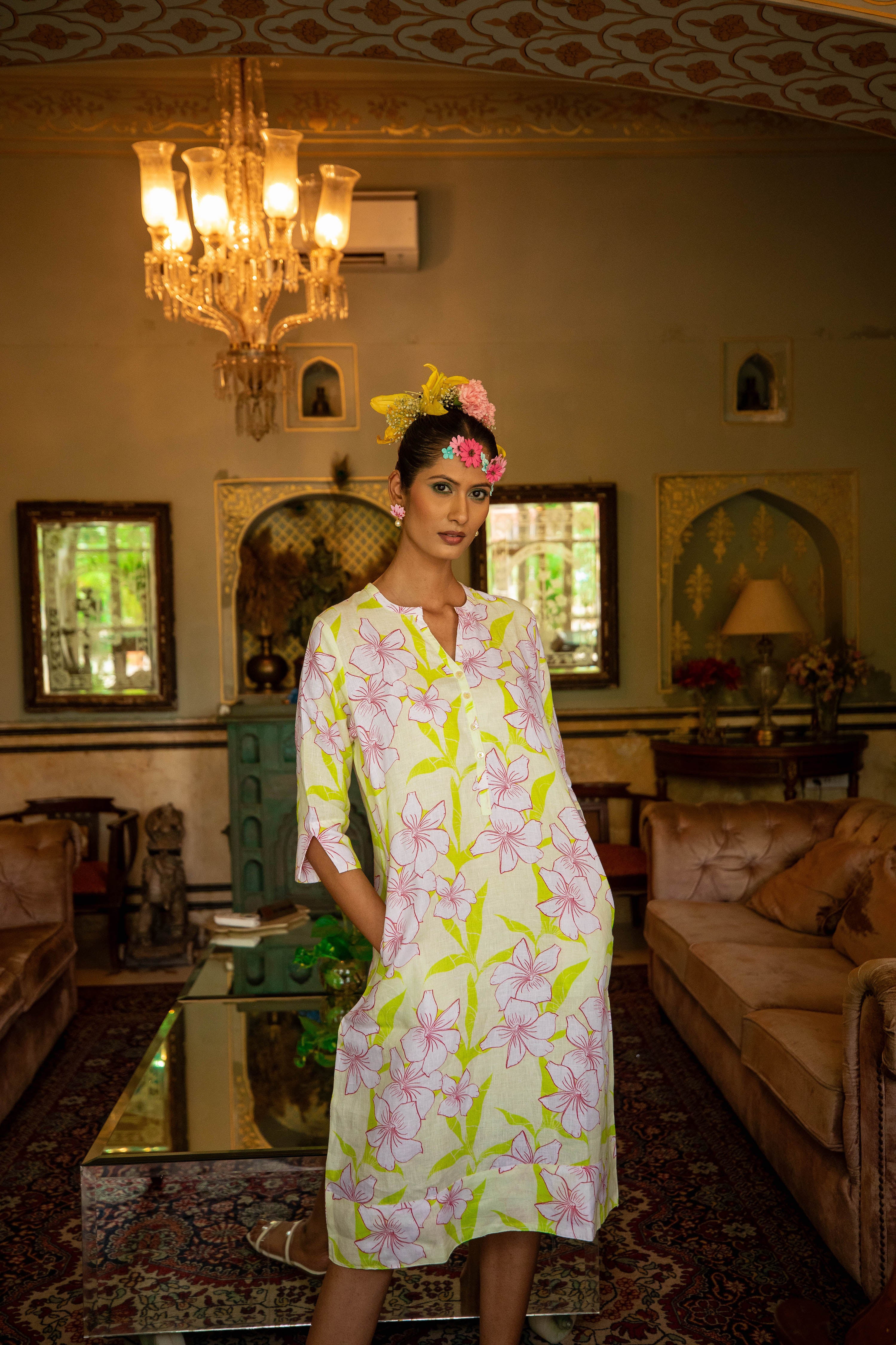 Printed Linen Midi Tunic Dress Linen Key-Lime