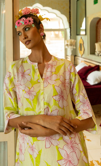 Printed Linen Midi Tunic Dress Linen Key-Lime