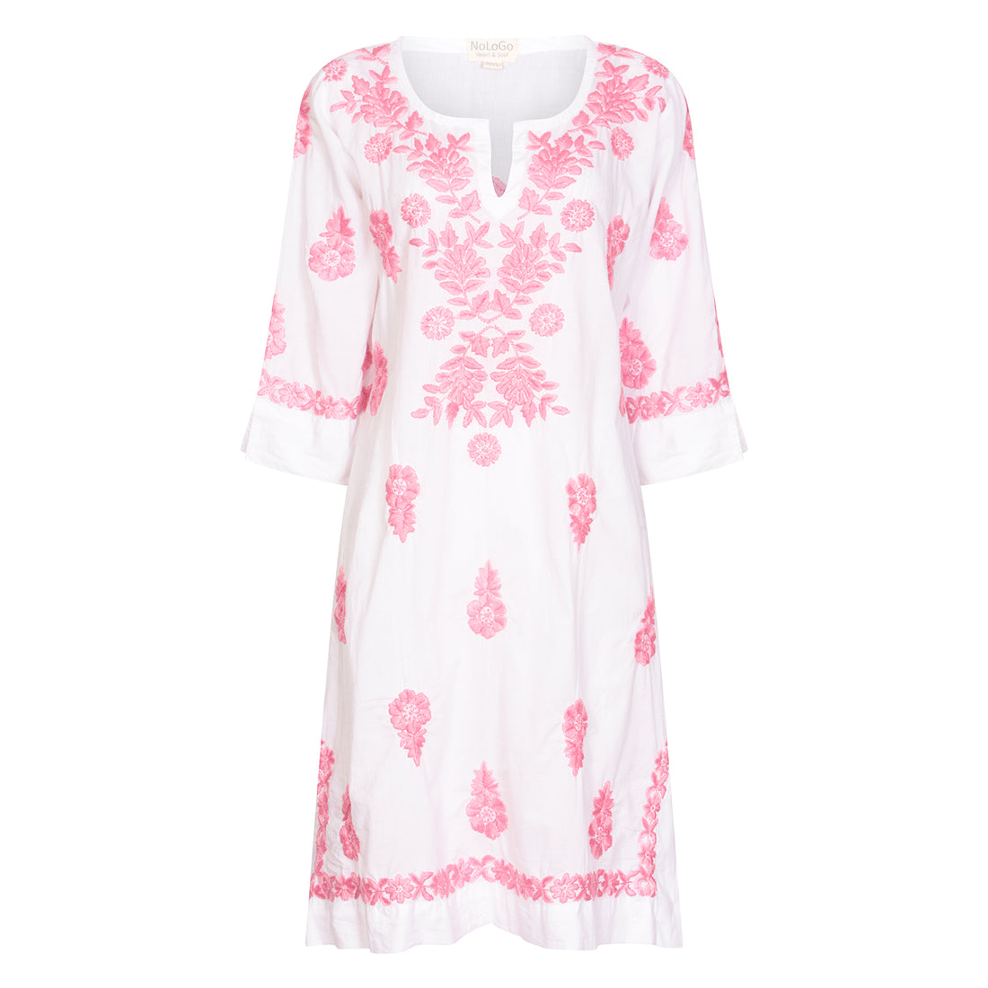 White Harriet Dress with Pink Hand Embroidery