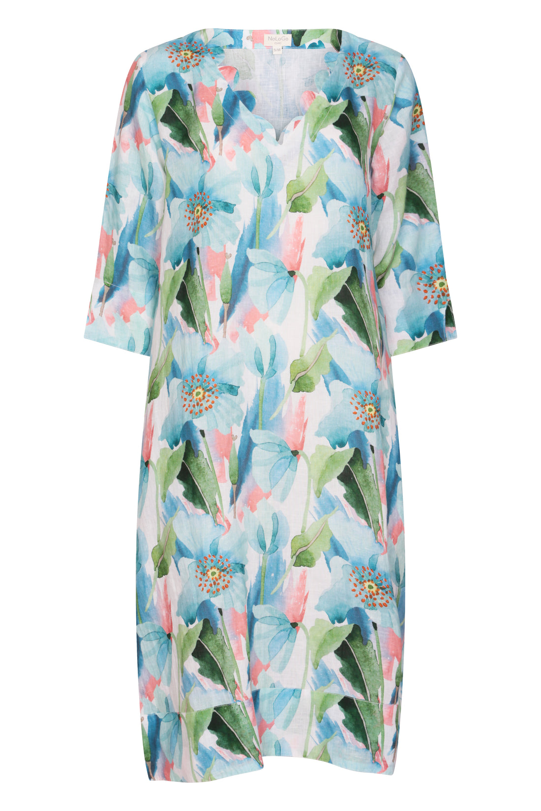 Tulip Poppy Scallop V Neck Dress Linen Blue