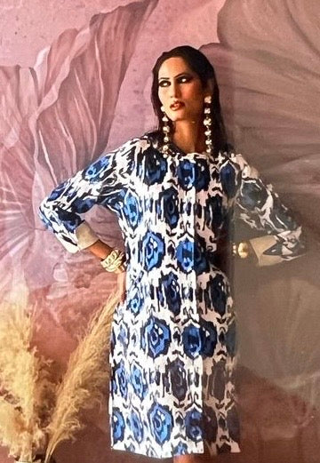 Swizzle Print Super Mix Coat Dress Linen Blue