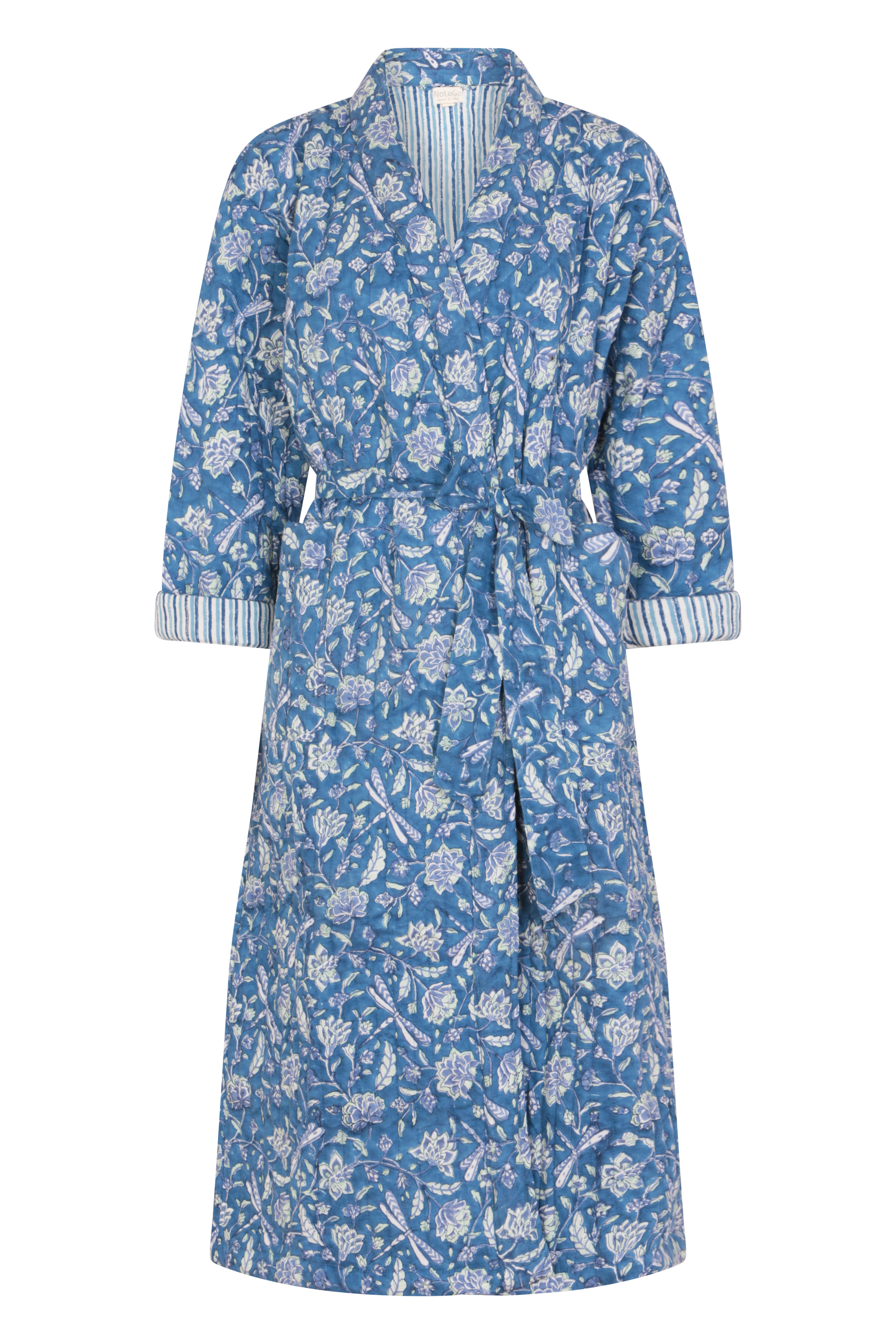Luxury Quilted Hand Block Printed Robe - Dragonfly/Stripe Print Blue