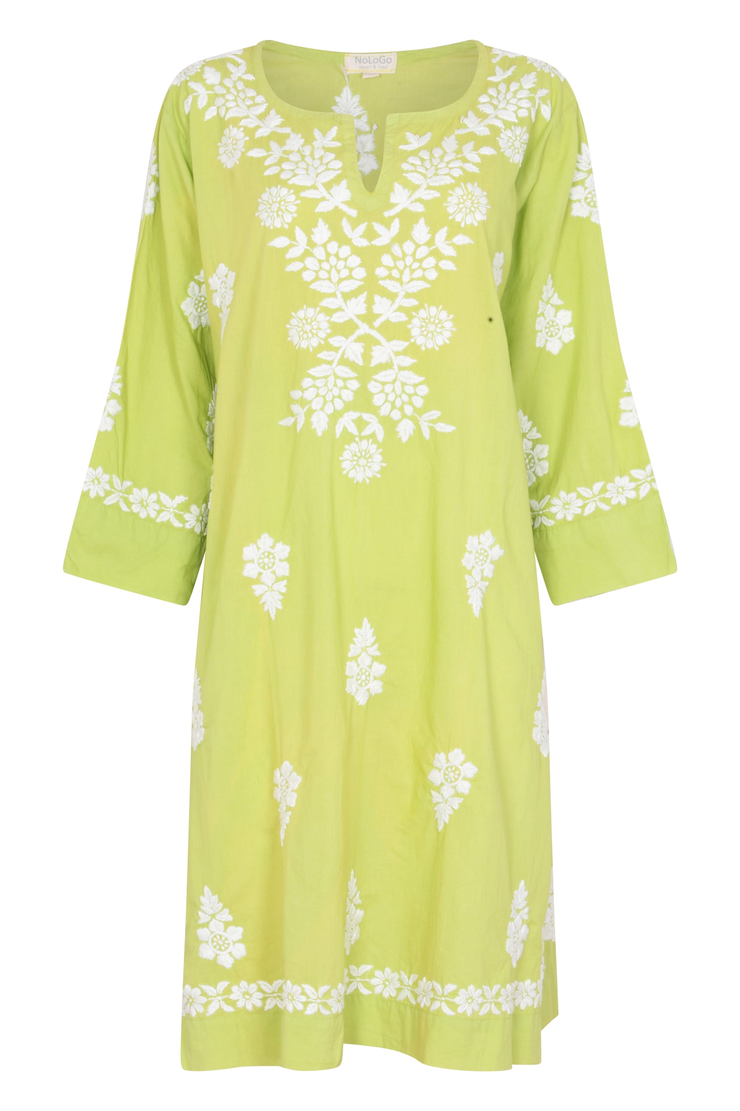 Parrot- Green Dress with White Hand Embroidery