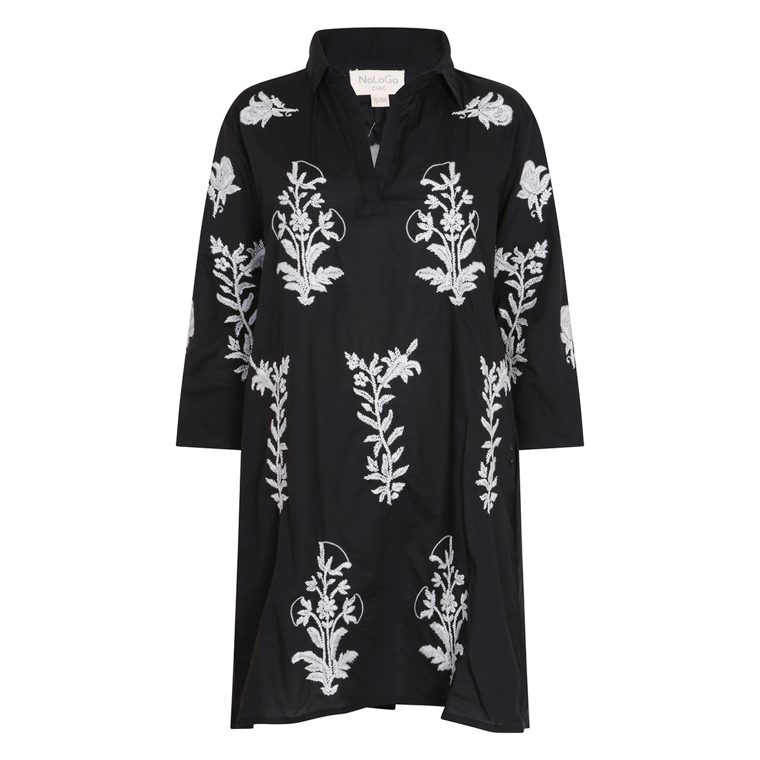 Short Tourist Dress with White Embroidery Cotton Black