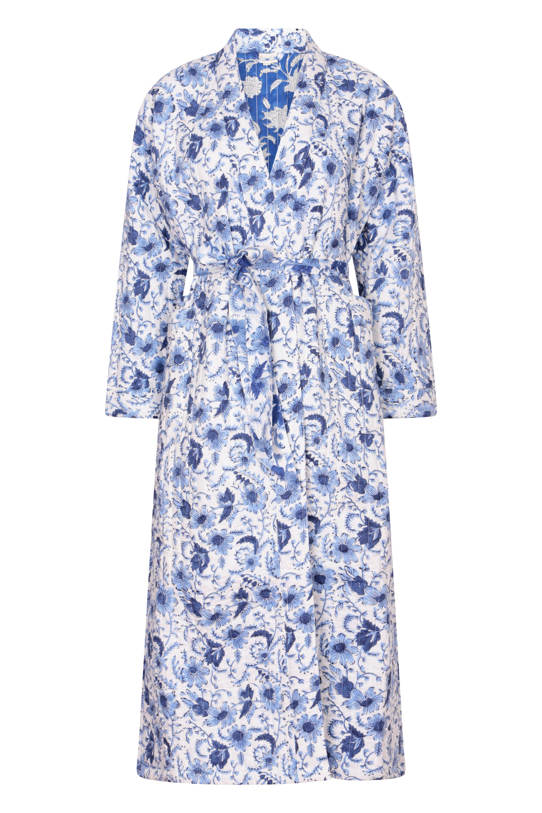Luxury Quilted Hand Block Printed Robe - Cornflower Blue