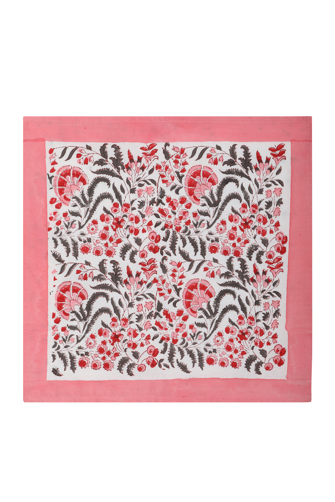 Hand Printed Napkin Florentine Flower - Pink &amp; Olive - Pack of 4