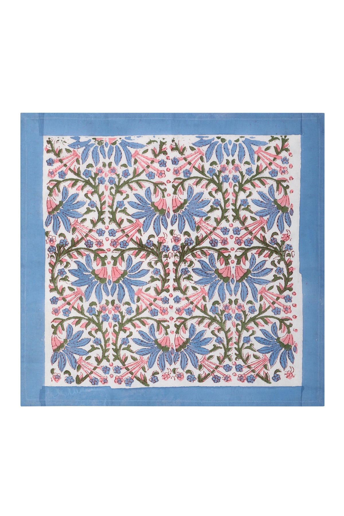 Hand Printed Napkin Olive Flower - Pink &amp; Blue - Pack of 4