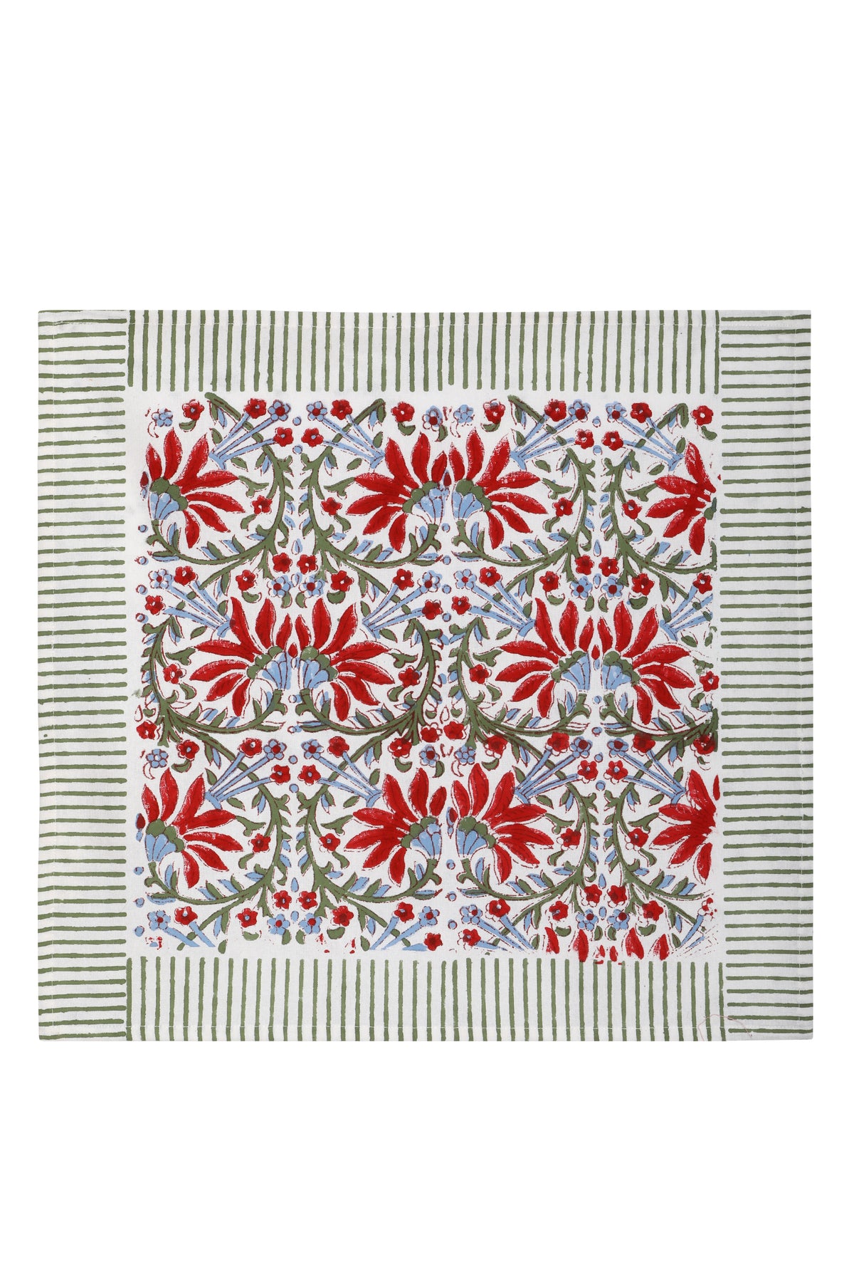 Hand Printed Napkin Pomegranate Flower - Green &amp; Red - Pack of 4