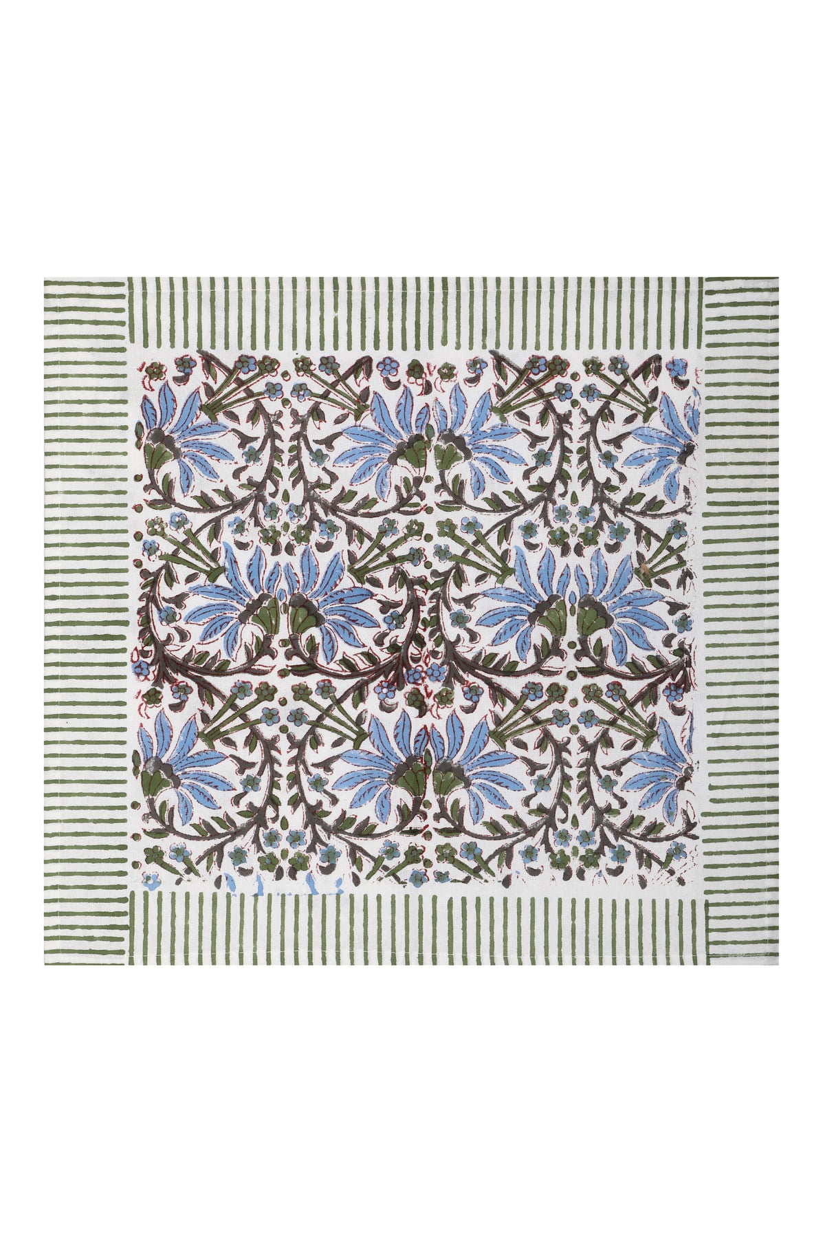Hand Printed Napkin Olive Flower - Green &amp; Blue - Pack of 4