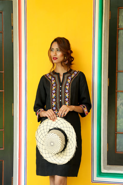 Tribal Embroidered Tunic Dress -Black