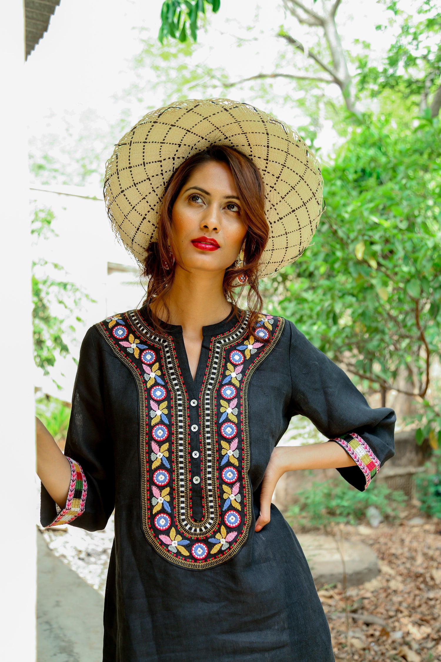 Tribal Embroidered Tunic Dress -Black