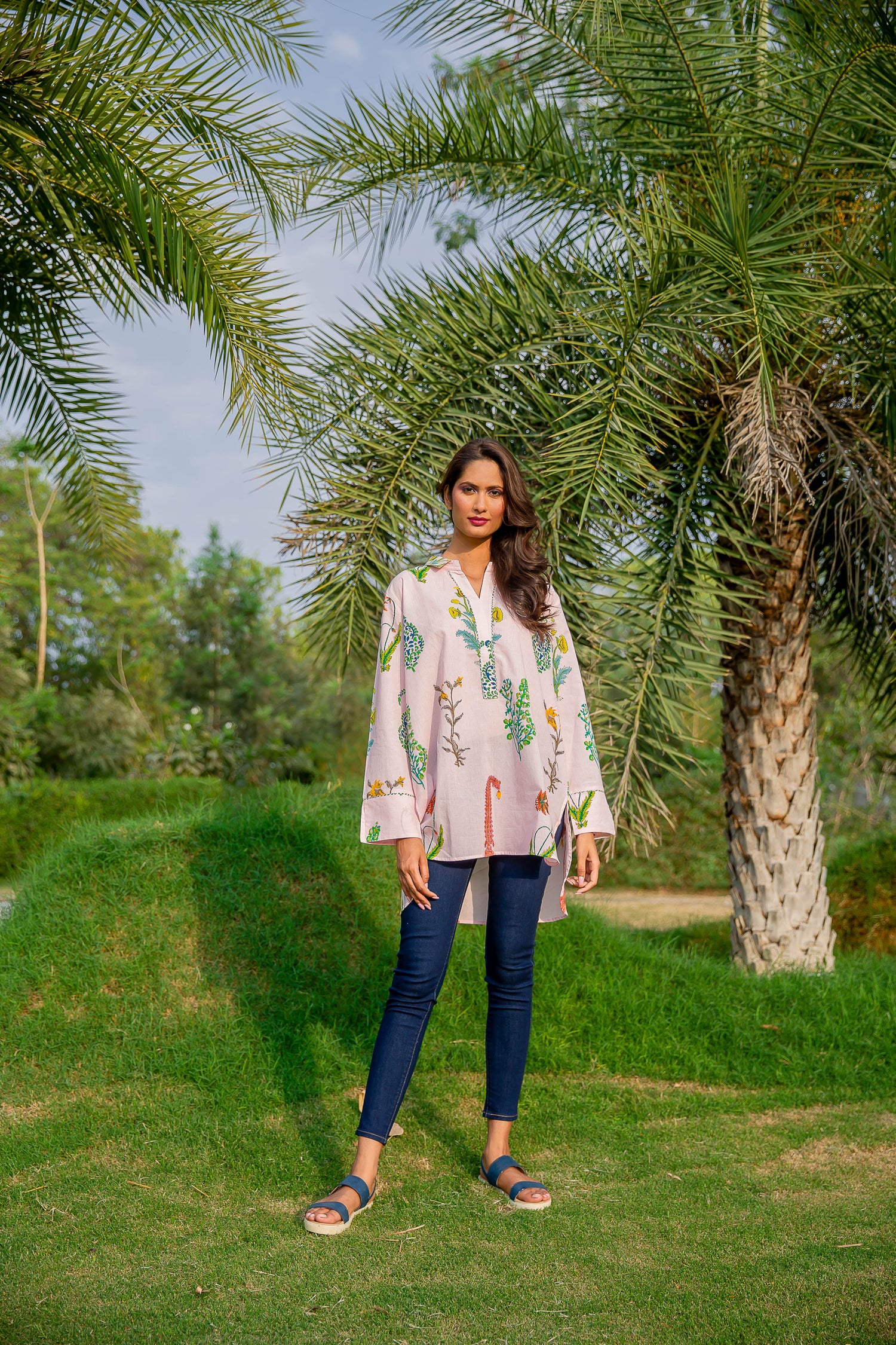 One Size Botanical Kurta Top Cotton - Himalayan Pink