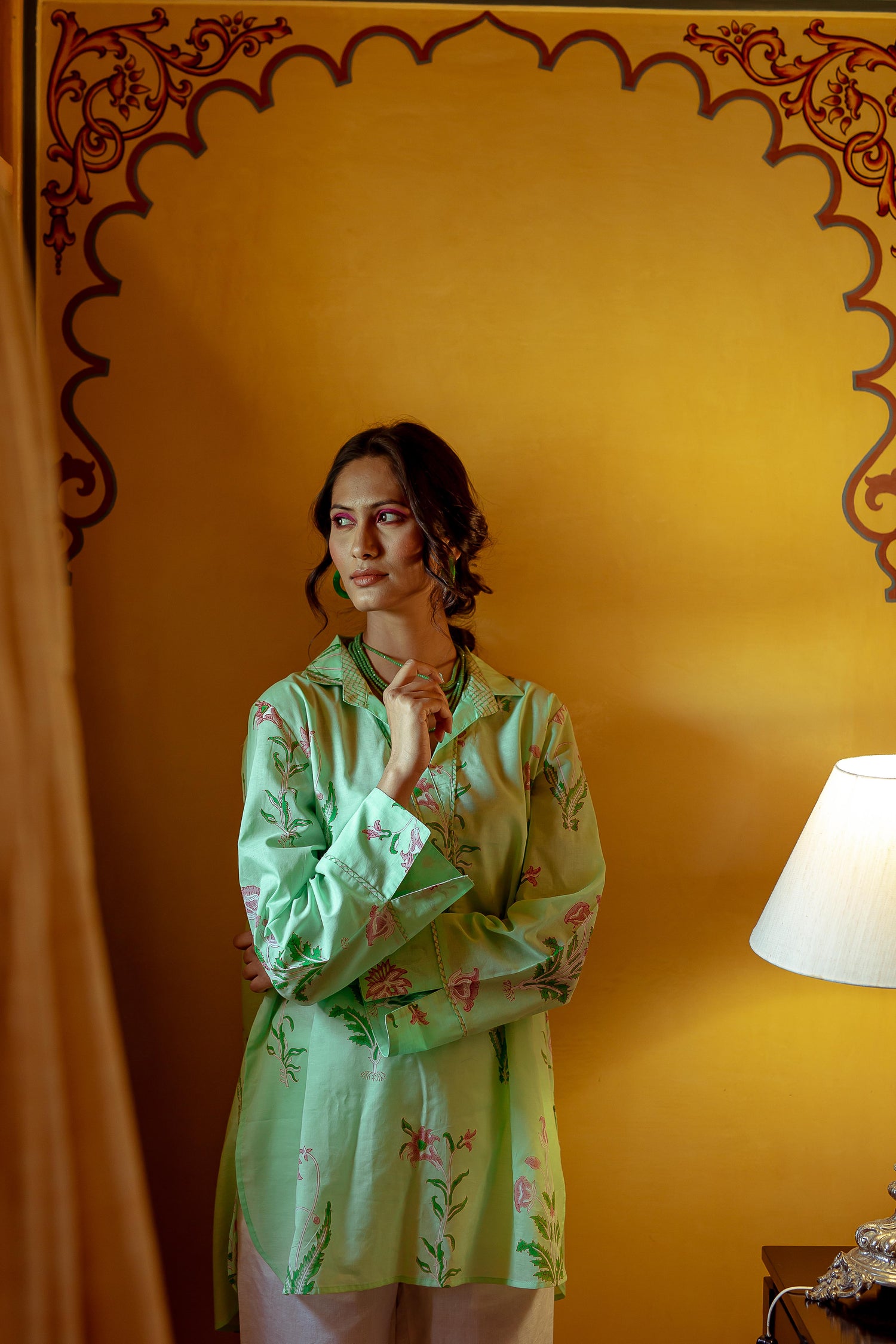 One Size Botanical Kurta Top Cotton - Pale Green