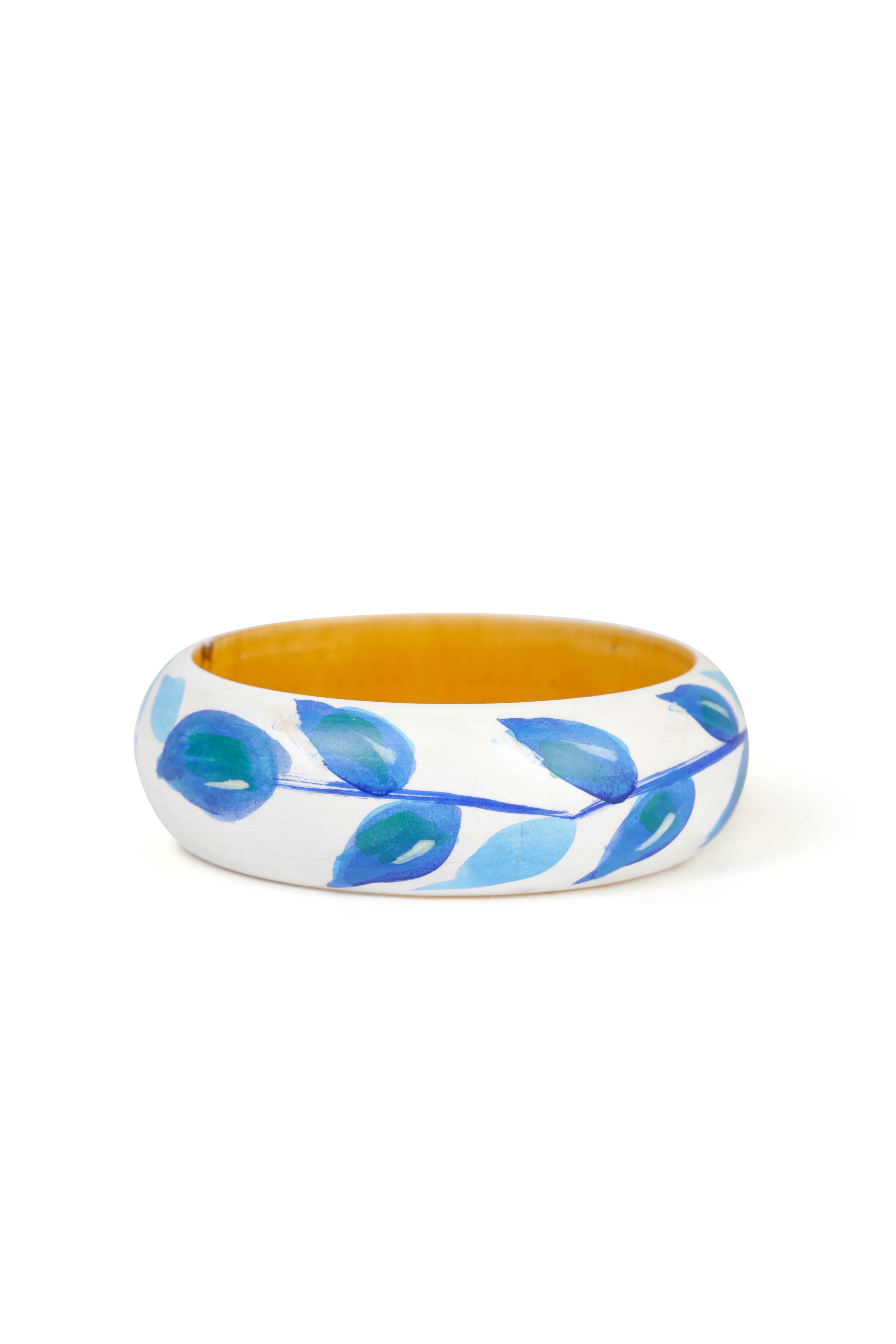 Hand Painted Wooden Bangle - Bali Blue Leaf