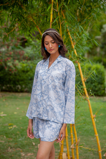 Hand Block Printed Cotton Shorts PJ Set Cotton De Nimes Blue