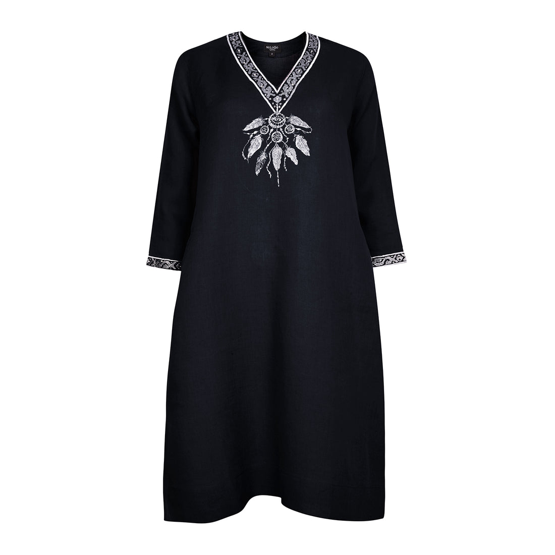 Dream-Catcher Embroidered Linen Tunic Dress-Black with Silver