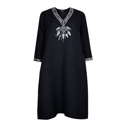 Dream-Catcher Embroidered Linen Tunic Dress-Black with Silver