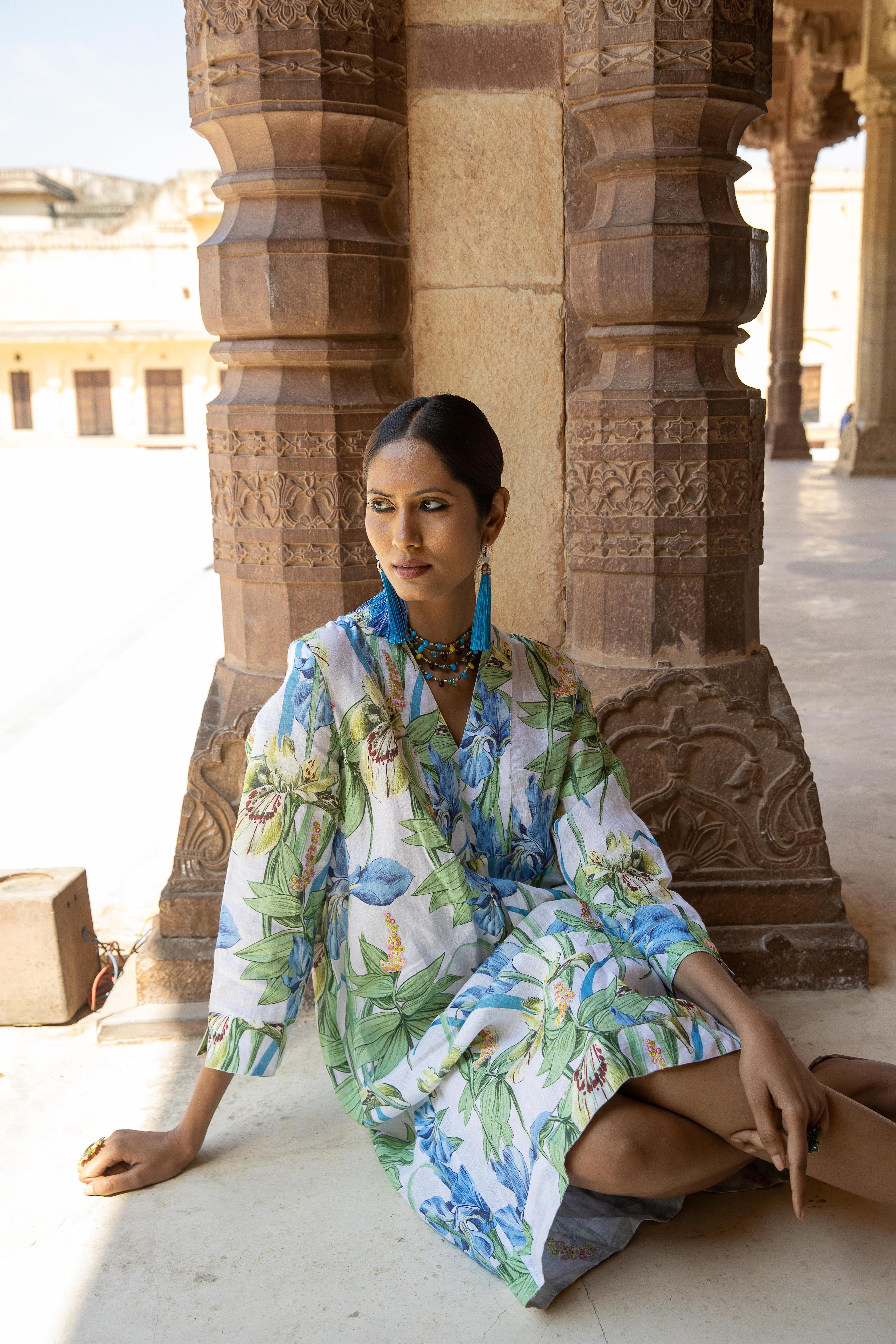 Iris Embroidered Picot Tunic Dress Linen White