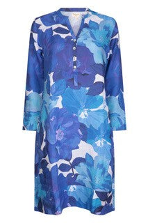 Printed Linen Tunic Dress Lapis Rose - Blue
