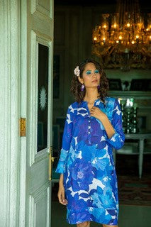 Printed Linen Tunic Dress Lapis Rose - Blue