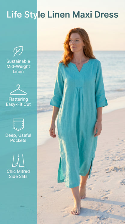 Life Style Linen Maxi Dress - Aqua Blue