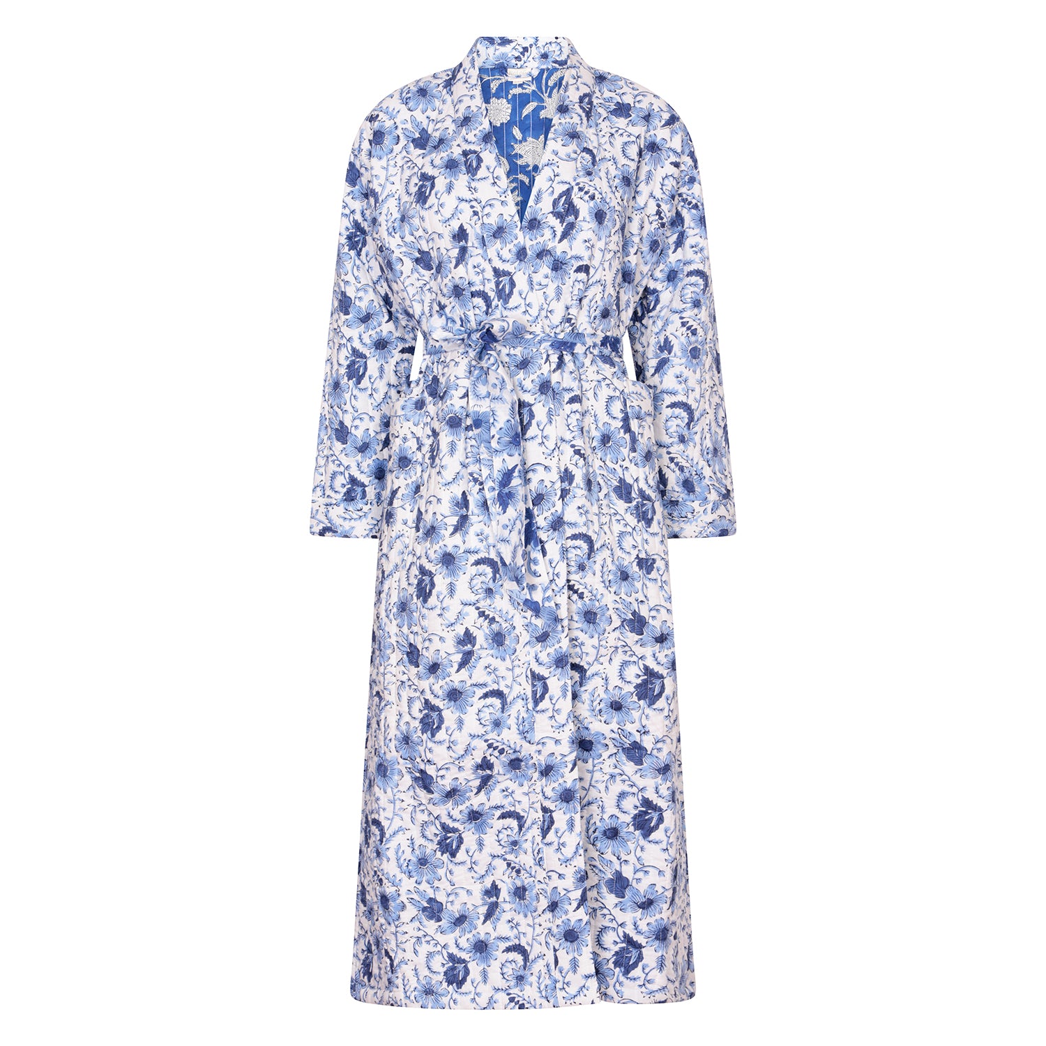 Luxury Quilted Hand Block Printed Robe - Cornflower Blue