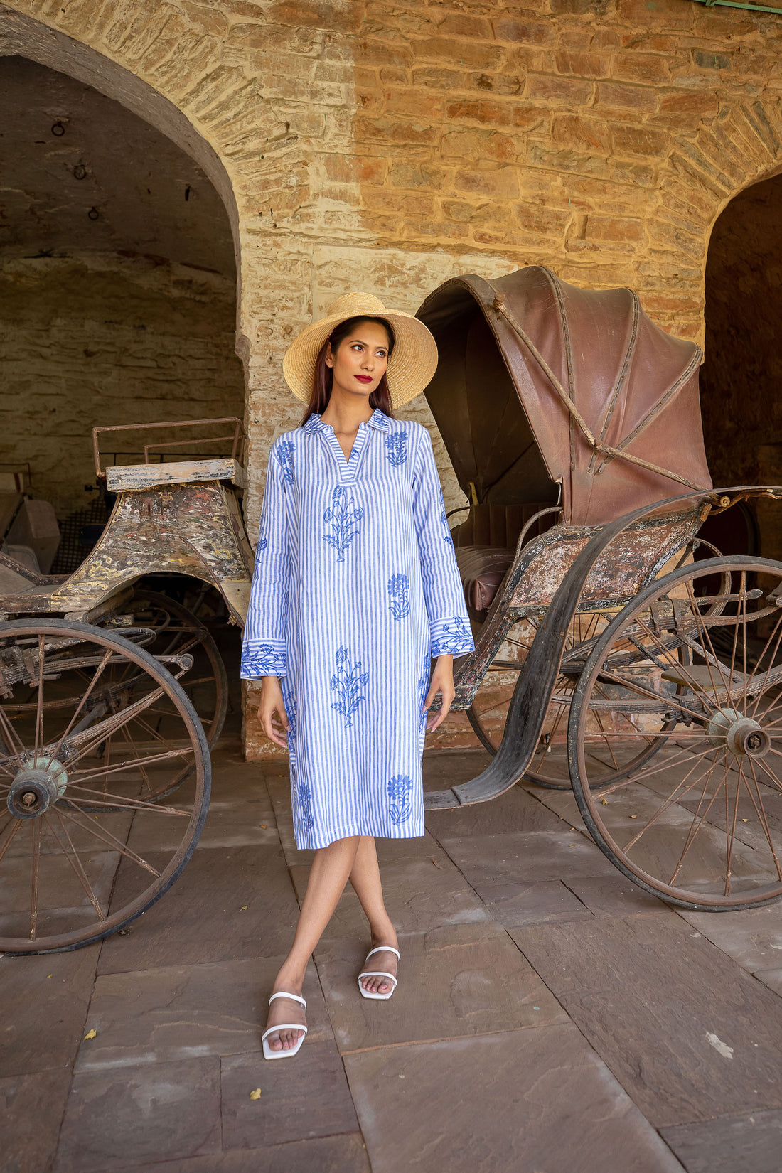 Tourist Hand Printed Stripe Linen Tunic Dress - Blue and White