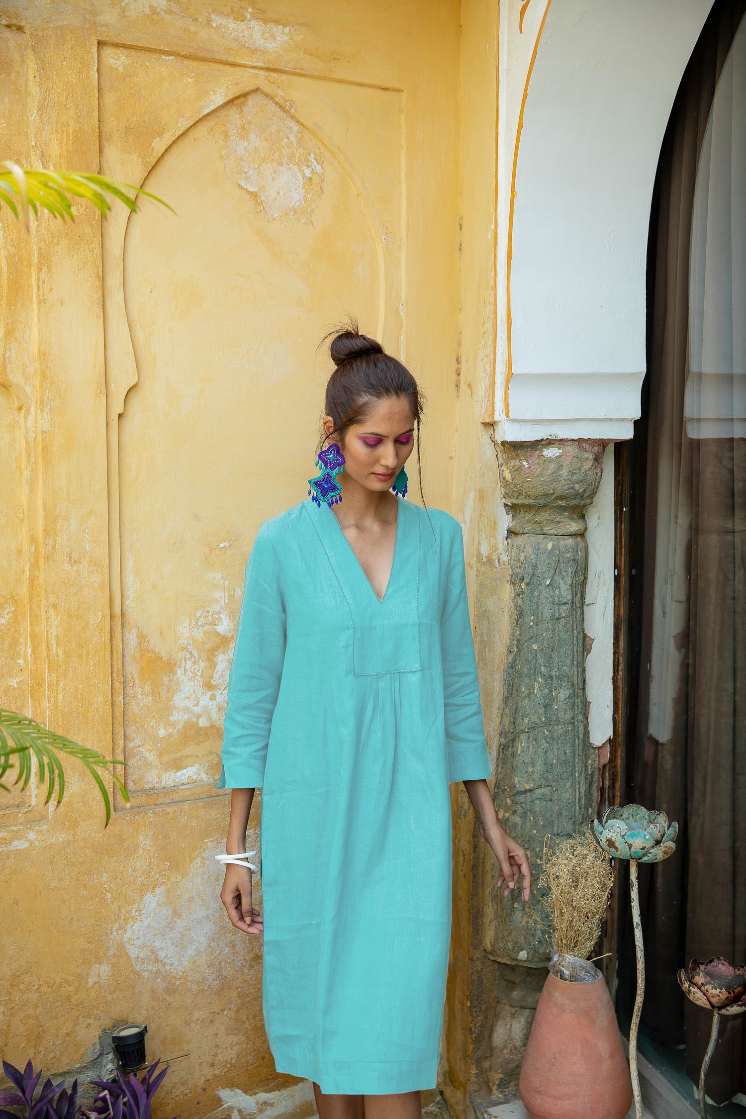 Plain Dyed Linen Yoke Picot Midi Dress Tiffany Blue