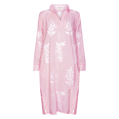 Long Tourist Dress Pale Pink with White Embroidery Cotton